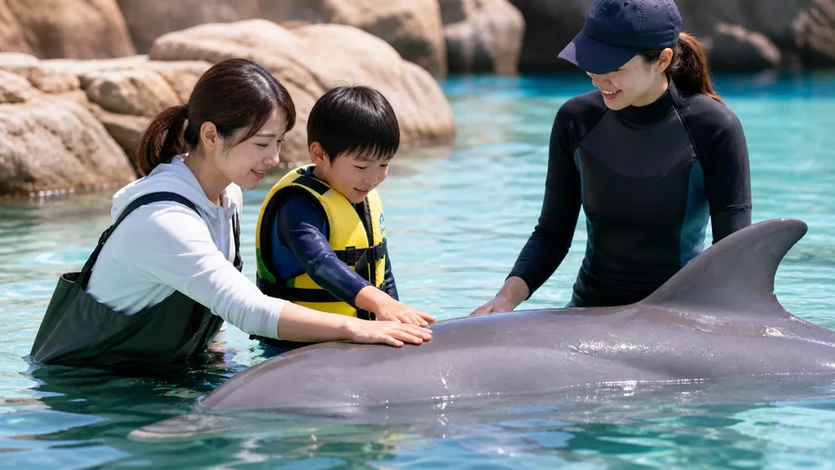 イルカとふれあい体験の様子
